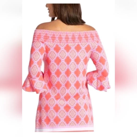 NWT Cabana Life Dress Sz L  Coral Geo Coverlex Smocked Off The Shoulder UPF 50+ - Picture 2 of 15